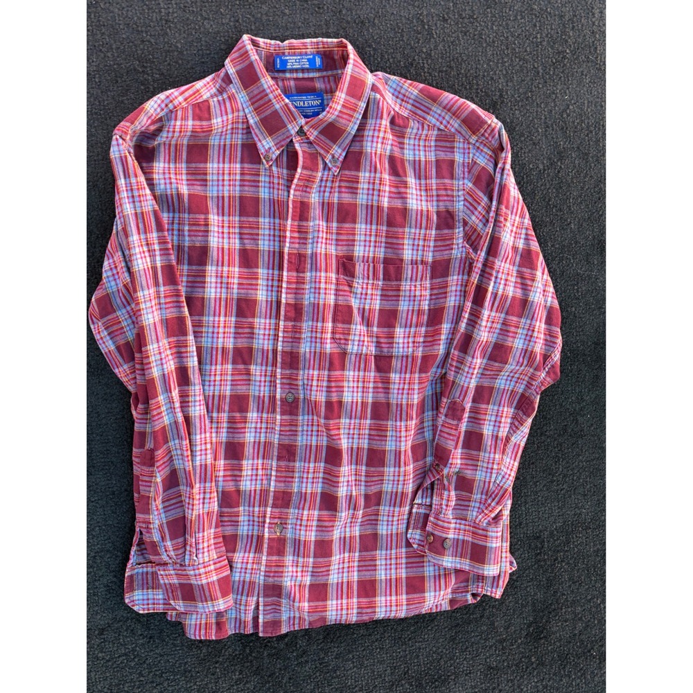 Pendleton Canterbury Cloth Shirt Mens Large Pima Cotton Merino Wool Red Plaid